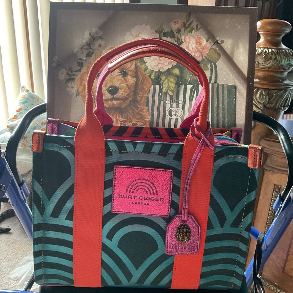 NWT Kurt Geiger Southbank Teal & Pink Patterned Canvas Tote with Orange Handles